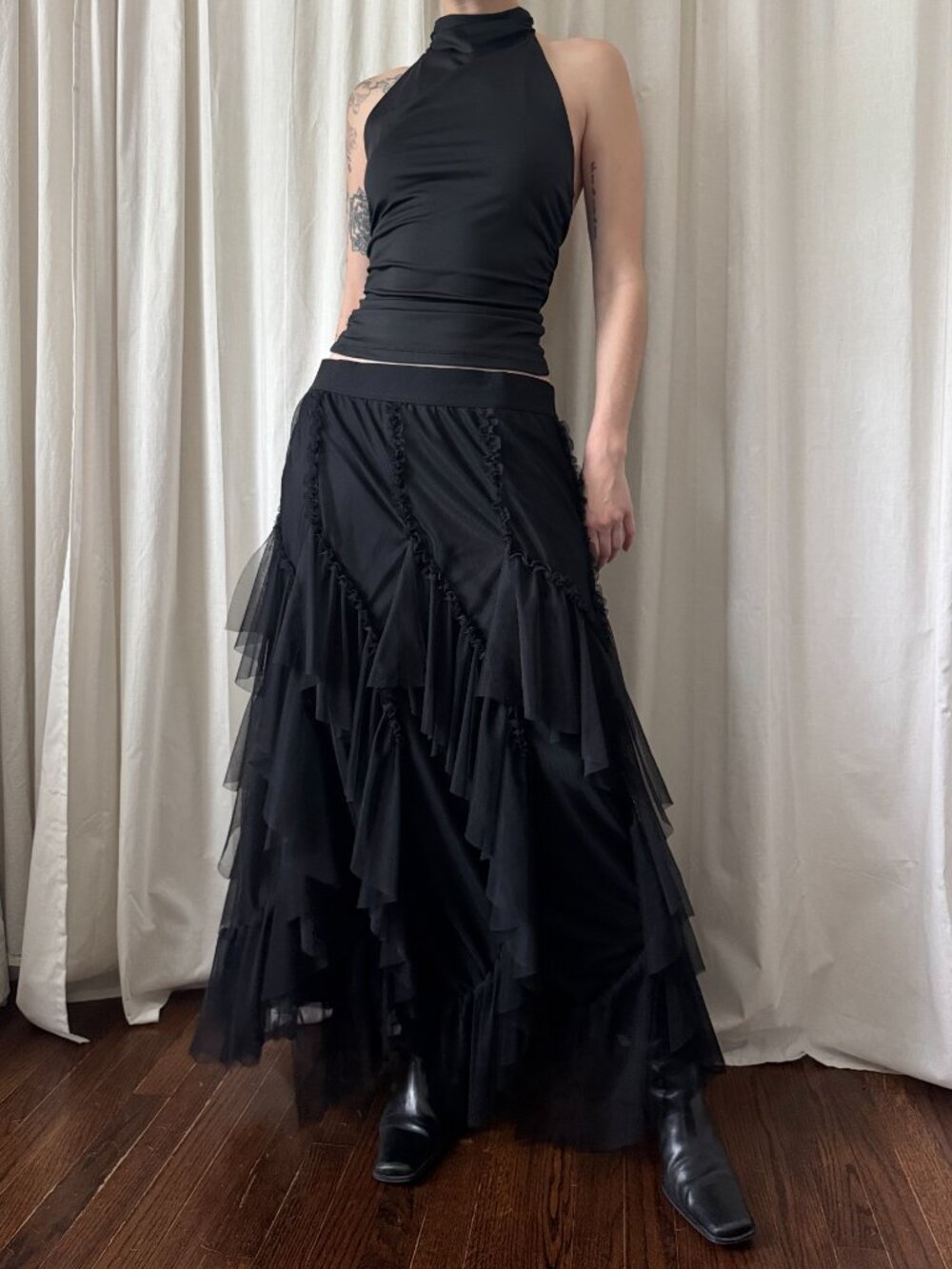 Black Tiered Chiffon Maxi Skirt Women's Size Large | Romantic Fairycore Goth